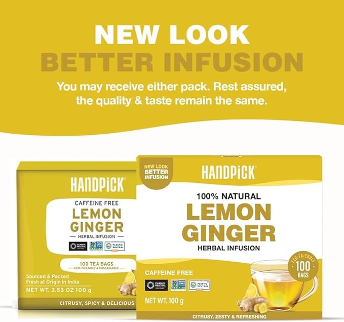 HANDPICK, Lemon Ginger Herbal Tea - 100 Pyramid Tea Bags | 100% Natural Ingredients, Tasty & Citrusy Hand-made Blend of Lemon & Ginger | Caffeine Free, Gluten Free | No Artificial Ingredients - Bloomnest