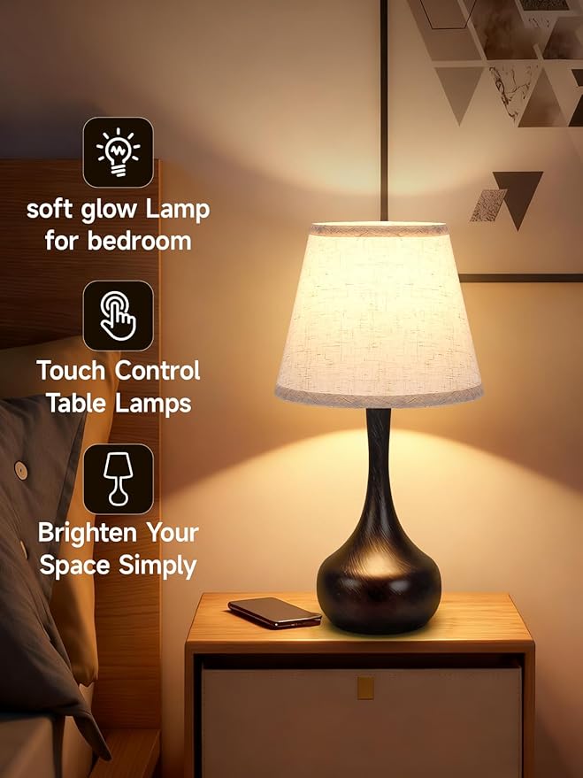 Touch Table Lamp for Bedroom Set of 2, Farmhouse 3-Way Dimmable Bedside Lamps for Nightstand with Fabric Shade, Lamps for Living Room，Desk Lamps for Home Office, Black Lamp for Bedroom - Bloomnest