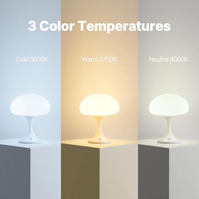 Mushroom Lamp, 5W LED Cordless Rechargeable Table Lamp with Glass Shade, Small Retro Dimmable Touch Light with 3 Color Temps, Aesthetic Mid Century Bedside Light for Bedroom Ambient, White - Bloomnest