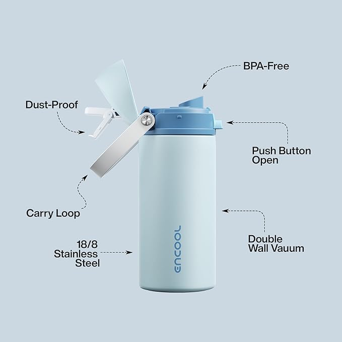 Insulated Water Bottle with Straw - Encool Stainless Steel Water Bottle with Push Button Lid, Leak-Proof & BPA-Free, Keeps Cold for 24 Hours for Sports, Travel, Gym (18 oz, Jungle Mist) ENCOOL