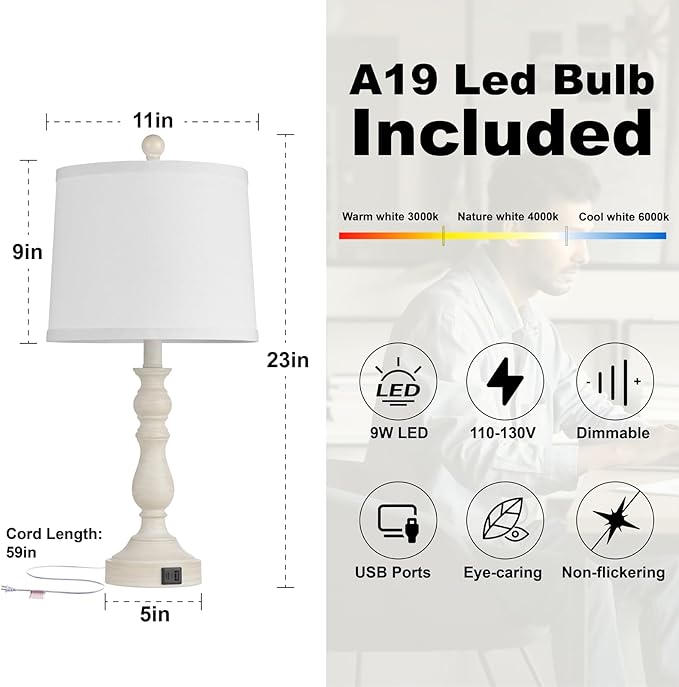 23'' Farmhouse Table Lamps for Living Room Set of 2 with USB C+A Ports, Retro Bedside Lamp for Bedroom, Office, Dining Room, Knob Switch, 3 Color Temperatures, Bulb Included, Beige - Bloomnest