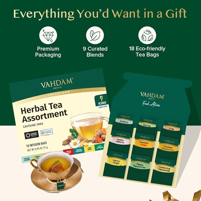 VAHDAM, Assorted Herbal Tea Sampler (18 Tea Bags, 9 Flavors) Caffeine-Free, Non-GMO | Double Infusion, Individually Enveloped Tea Bags | Herbal Tea Assortment - Bloomnest