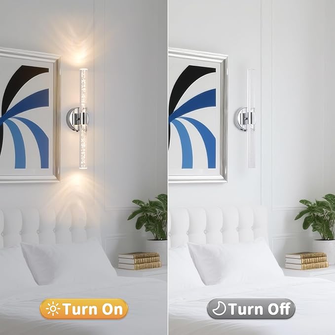 Silver Wall Light LED Battery Operated Wall Sconces(2 Pack), 20-Inch Dimmable Crystal Wall Sconce, Rechargeable Chrome Bubble Wall Lights, Wireless Wall Lamp for Bedroom, Living Room - Bloomnest