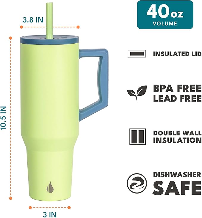 Elemental 40 oz Tumbler with Handle and Straw - Spill Proof Insulated Stainless Steel Commuter for Hot and Cold Beverages - Travel Coffee Mug with 2 Straws & Spill Proof Lid - 40oz - Sage Mist - Bloomnest