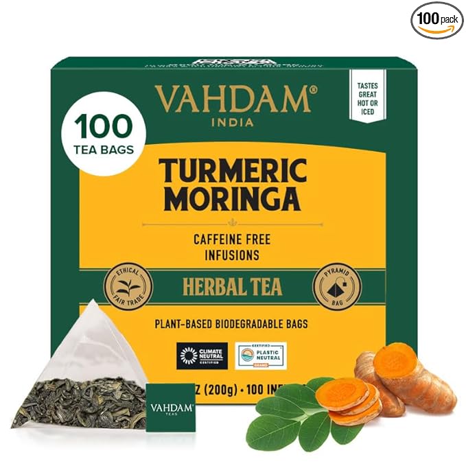 VAHDAM, Turmeric Moringa Tea Bags (100 Herbal Tea Bags) Caffeine Free, Non GMO | 100% Pure Herbal Blend - Sweet & Earthy | Resealable Ziplock Pouch - Bloomnest