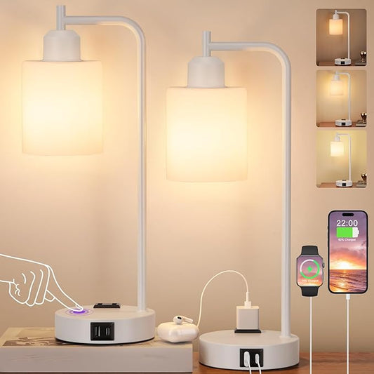 Innqoo Industrial White Table Lamps for Bedrooms Set of 2-3-Way Dimmable Desk Lamp with USB C+A Ports and Outlet, White Lamps with Opal Glass Shade for Living Room - Bloomnest