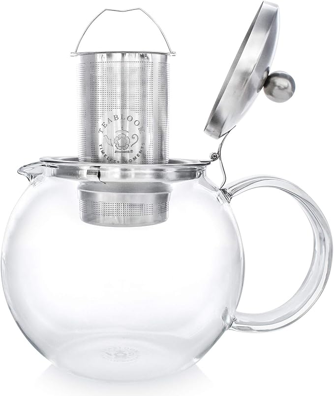 Teabloom Stovetop Safe Glass Teapot with Removable Infuser (40oz/1200ml) and Four Double Walled Glass Cups (5oz/150ml) - Classica Tea Set - Bloomnest