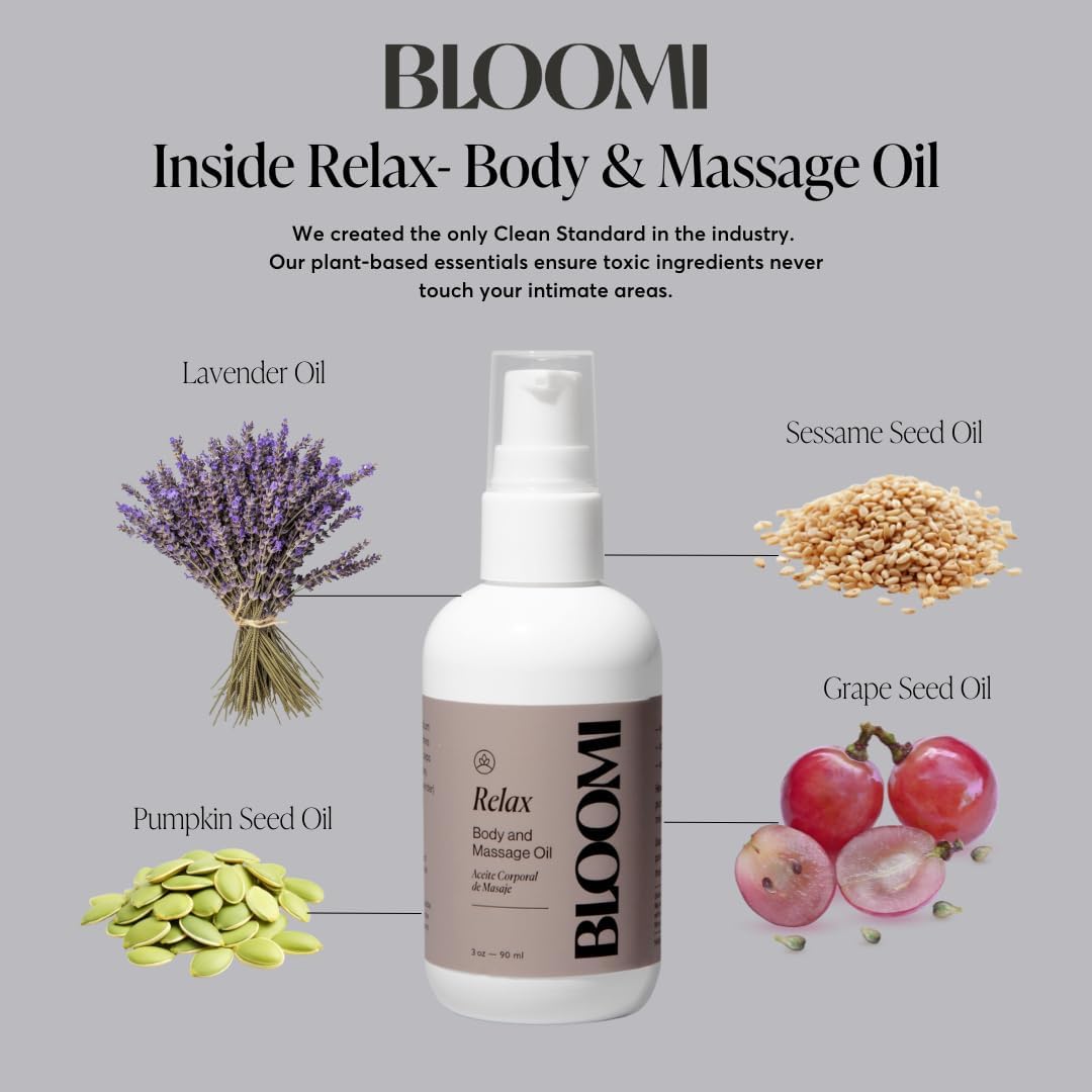 Bloomi Relax Body & Massage Oil, 3oz - Calming Lavender Oil for Relaxation, Stress Relief, Skin Hydration & Moisturizing Therapy, Ideal for Self Care (1)