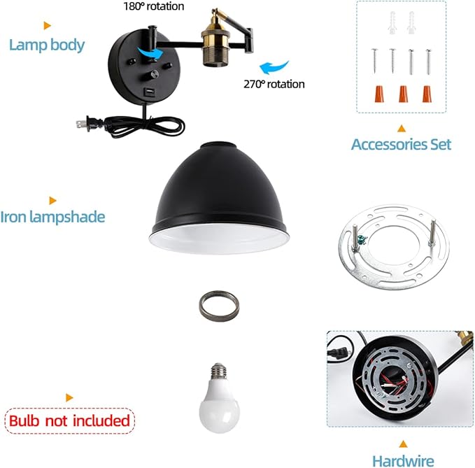 Swing Arm Wall Sconces, Plug-in Wall lamp,Bedroom Wall lamp ， White Fabric Shade，，with dimmable Switch and USB Charging Port, Suitable for Bedside, Living Room, Reading (Metallic Black) - Bloomnest