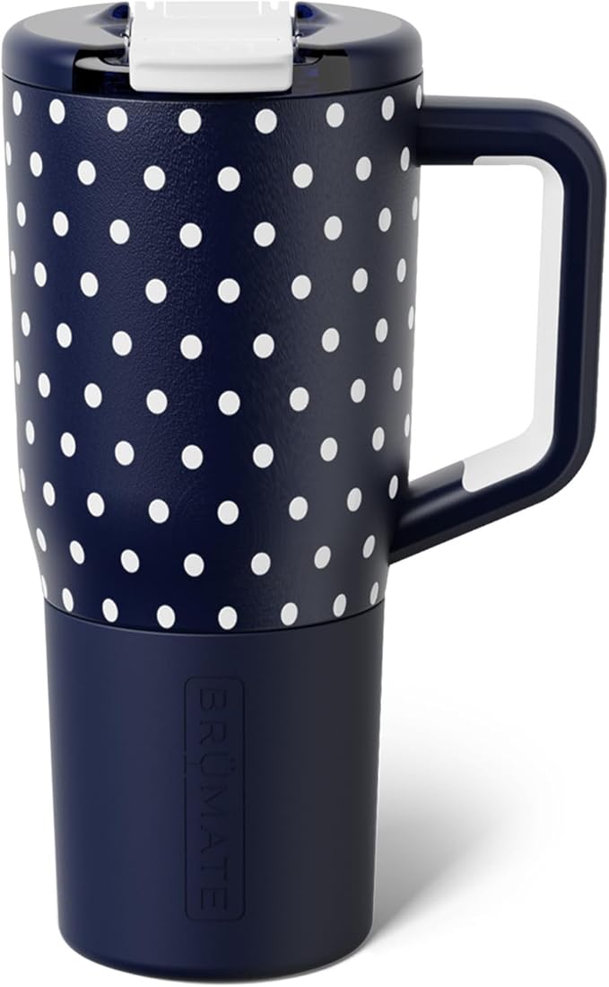 BrüMate Müv - 25oz 100% Leak Proof Insulated Coffee Mug with Handle & Lid - Stainless Steel Coffee Travel Mug - Double Walled Coffee Cup (Navy Polka Dots) - Bloomnest