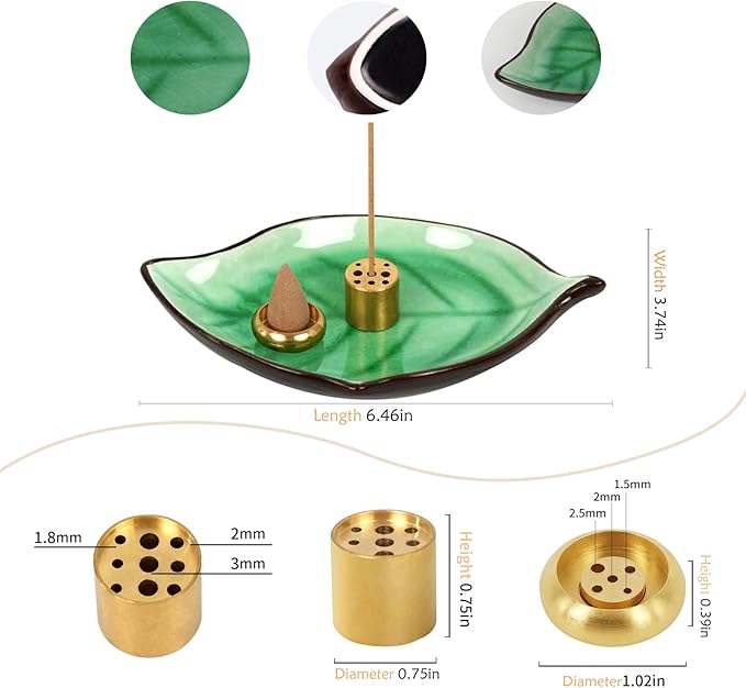 Incense Holder for Sticks (9 Holes) and Cones, Handmade Ceramic Incense Ash Catcher for Meditation, Yoga, SPA Days, Relaxing, Home Decor, Candle Holder, Easy to Clean, Leaf-Shape (Green) - Bloomnest