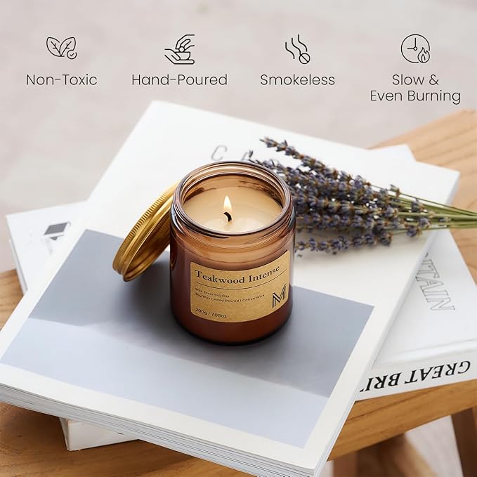 M&SENSE Teakwood Intense Candles for Home Scented Aromatherapy Candle Gift Set for Women and Men,7.05oz Soy Wax Long Lasting Amber Jar Candles Gift for Birthday Housewarming Mother's Valentine Day - Bloomnest