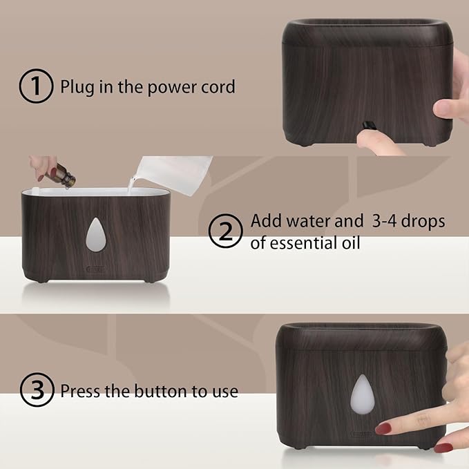 Flame Diffuser for Essential Oils, 200ml Ultrasonic Aroma Diffusers with Cool Mist, Aromatherapy Diffuser with Auto-Off Protection (Dark Wooden Grain, Unscented) - Bloomnest