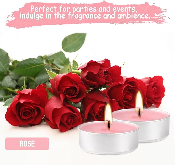 Pink Rose Scented Tealight Candles - 4 Hours - Giant 100 Bulk Packs - Smokeless Tea Lights for Valentine's Day, Weddings, Christmas, Home Decorative - Bloomnest