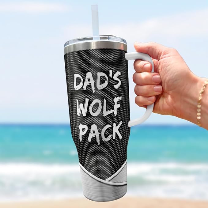 Personalized Dad Wolf Pack Tumbler 40oz with Handle and Straw, Custom Name Stainless Steel Cup with Wolves and Kids' Names, Unique Gift for Father’s Day, Birthday or Christmas - Bloomnest
