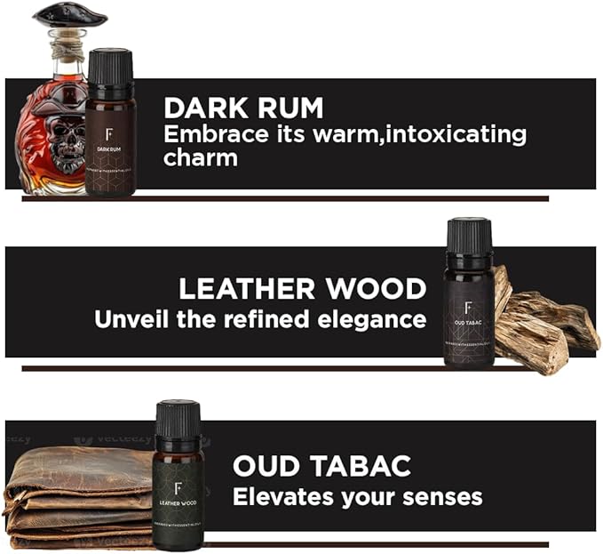 Folkulture Essential Oils Set for Men | Set of 6 (0.34 Fl Oz or 60ml) Diffuser Oils for Home | Oud Tabac, Sandalwood, Leather Wood | Fragrance Oil - Bloomnest