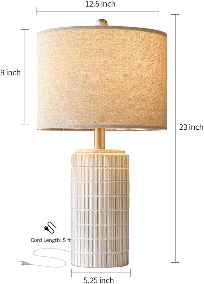 PoKat 23'' Bedside Table Lamp for Bedroom Nightstands, Ceramic Lamp for Living Room, White Night Stand Light with Round Linen Shade, Modern, Silver - Bloomnest