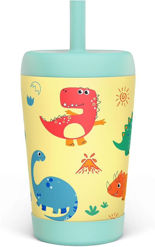 Kid Insulated Stainless Steel Tumbler with Silicone Straw, 12oz Sippy Cup for Kids (Playful Dinosaurs) - Bloomnest