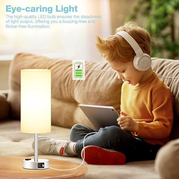 Fenmzee White Touch Bedroom Table Lamp - 3 Way Dimmable Bedside Lamp USB C A Charging Ports and AC Outlet, Small Lamp Nightstand with Silver Base for Living Room, Office Desk, LED Bulb Included - Bloomnest