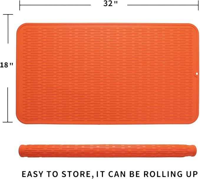 Silicone Dish Drying Mat for Multiple Usage,Easy clean,Eco-friendly,Heat-resistant Silicone Mat for Kitchen Counter or Sink,Refrigerator or Drawer Liner Orange 4XL 32 inches x 18 inches - Bloomnest