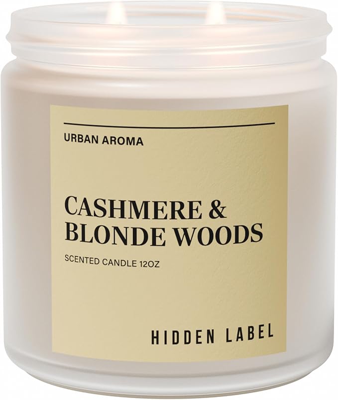 Hidden Label Cashmere & Blonde Woods Soy Candle, 12oz 2 Wick Non Toxic Candles for Home Scented, Bathroom Candle 70H Clean Burning Aromatherapy Candle for Stress Relief & Relaxation Gifts - Bloomnest
