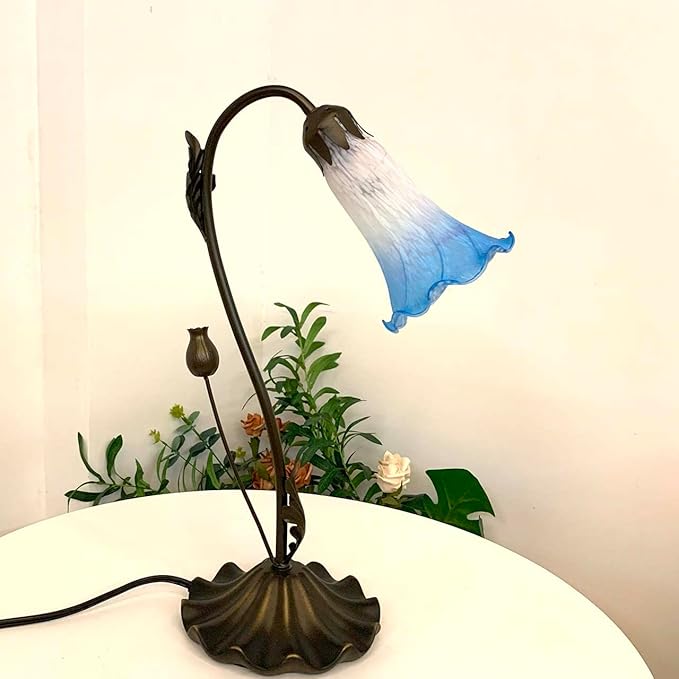 Bieye L10852 Lily Flower Blown Glass Accent Table Lamp for Living Room Bedroom Decoration (1-Light, Blue) - Bloomnest