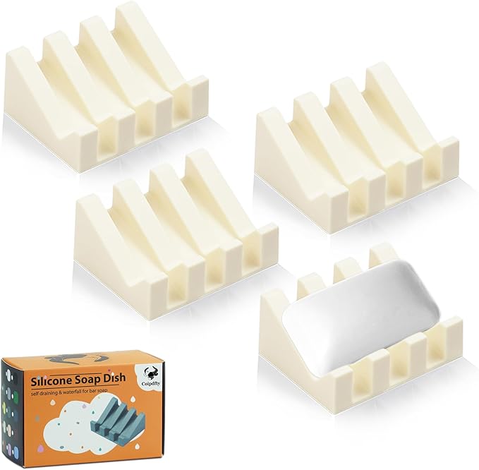 Self Draining Soap Dish Holder,Silicone Soap Dish,for Bathroom,Kitchen, Sponges，Can Extend Soap Life，Keep Soap Bars Dry and Easy Cleaning (Cream White,4-Pack) - Bloomnest