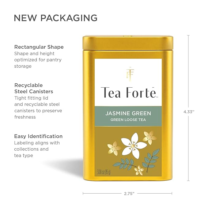 Tea Forte Jasmine Green Premium Loose Leaf Caffeinated Green Tea Blend Canister, Makes 35-50 Cups - Bloomnest