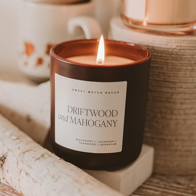 Sweet Water Decor Driftwood & Mahogany Candle, Large 15oz Jar, Non-Toxic Soy Wax Blend Scented with Lavender, Teakwood & Geranium, Woodsy Candle, Long-Lasting 70+ Hour Burn - Bloomnest