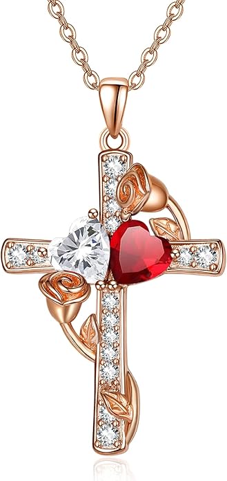 Rose Gold Dual Birthstones Cross Necklace for Women Rose Flower Jewelry Anniversary Christmas Mother's Valentine's Day Birthday Gift for Wife Girlfriend Mom - Bloomnest