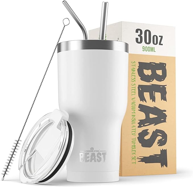 BEAST Insulated Coffee Mug – 900 ml I Arctic White I Stainless Steel I Reusable, Insulated Cups I 2 Straws and Cleaning Brush, Double Walled Travel Coffee Thermos I Hot or Iced Coffee - Bloomnest