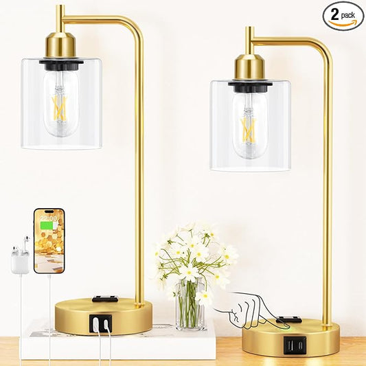 Innqoo Industrial Gold Table Lamp for Bedrooms Set of 2-3-Way Dimmable Desk Lamp with USB C+A Ports and Outlet, Gold Lamps with Clear Glass Shade for Living Room, Desk Lamps for Home Office - Bloomnest