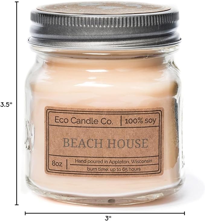 ECO CANDLE CO. Mason Jar Candle, Beach House, 8 oz. - Scents of Melons & Ocean Air - 100% Soy Wax, No Lead, Kraft Label & Antiqued Pewter Lid, Hand Poured, Made from Midwest Grown Soybeans - Bloomnest