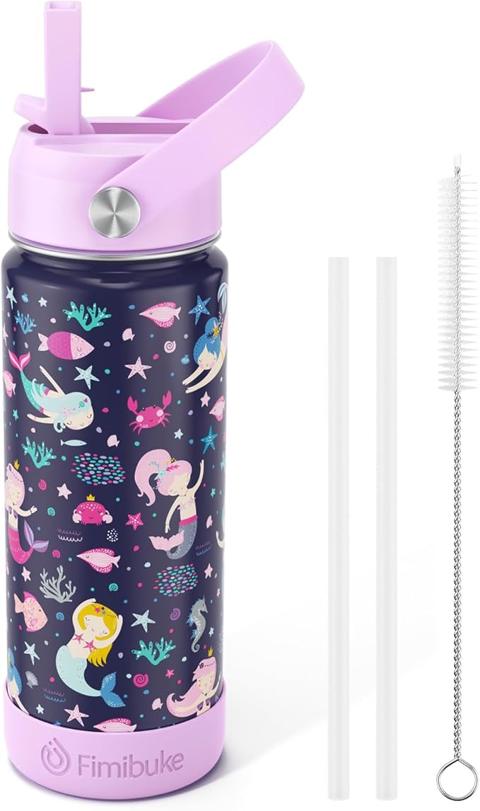 Fimibuke Kids Insulated Water Bottle, 18oz BPA FREE 18/8 Stainless Steel Kids Cup with Straw Travel Tumbler Double Wall Vacuum Leak Proof Toddler Water Bottle for School Boys Girls(1 Pack, Mermaid) - Bloomnest