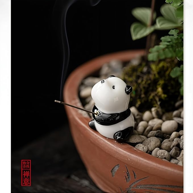 Handmade Ceramic Panda Incense Holder | Extra-Long Bamboo Mat & Sandalwood Sticks | Zen Home Decor | Yoga & Meditation Essentials (Panda) - Bloomnest