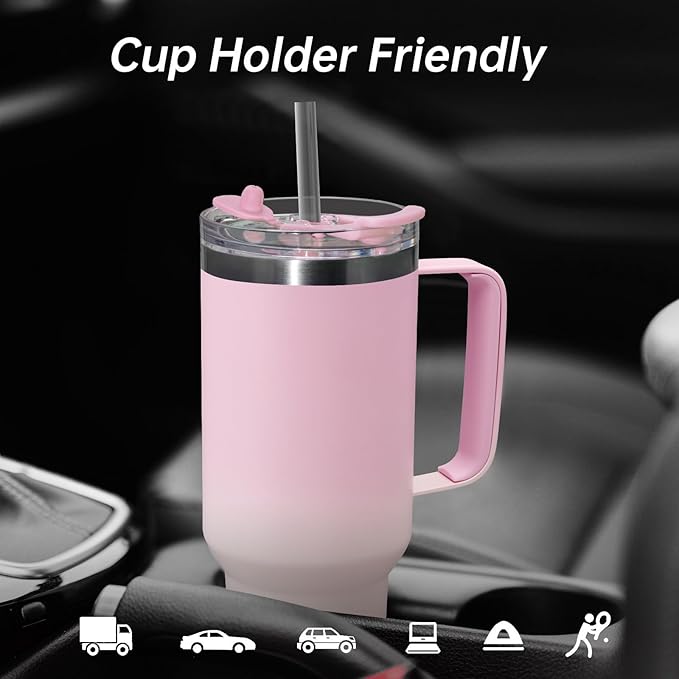 COKTIK 40 oz Tumbler With Handle and Straw Lid, Vacuum Insulated Travel Coffee Mug Stainless Steel Insulated Cup for Beverages, Leak-proof, Cupholder Friendly (Sakura) - Bloomnest