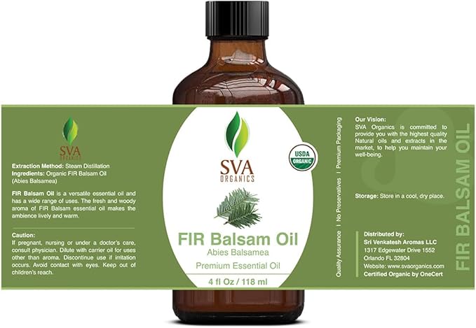 SVA Fir Balsam Essential Oil Organic – 4 Fl Oz – 100% Natural Organic Fir Oil - for Diffuser, Hair Care, Face, Skin Care, Aromatherapy, Scalp and Body Massage, Soap and Candle Making – with Dropper - Bloomnest
