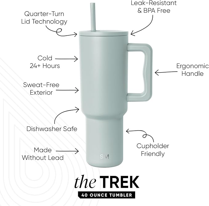 Simple Modern 40 oz Trek Tumbler with Handle and Straw Lid | Cup Holder Friendly Insulated Stainless Steel Travel Mug | Sea Glass Sage SimpleModern