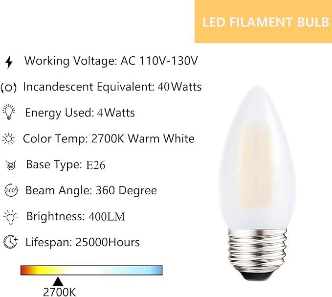 Dimmable LED Candelabra Light Bulbs 40W Equivalent E26 Base, B11 LED Chandelier Candle Light Bulbs, Frosted E26 Medium Base Candelabra Bulb 2700K Warm White, 6 Pack - Bloomnest