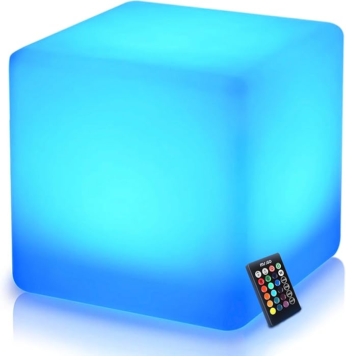 Mr.Go 16-Inch Rechargeable LED Cube Chair Light, 16 RGB Colors Glow Cube Seat w/Remote, Waterproof LED Cube Table, Color Changing Cubes Floor Lamp, Home Bedroom Patio Party Decorative Lighting - Bloomnest