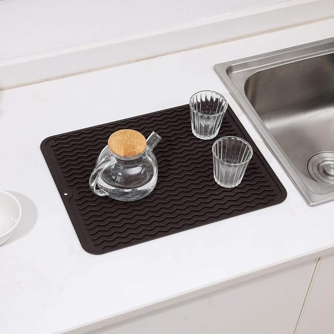Silicone Dish Drying Mat for Multiple Usage,Easy clean,Eco-friendly,Heat-resistant Silicone Mat for Kitchen Counter or Sink,Refrigerator or drawer liner Coffee L 16 inches x 12 inches - Bloomnest