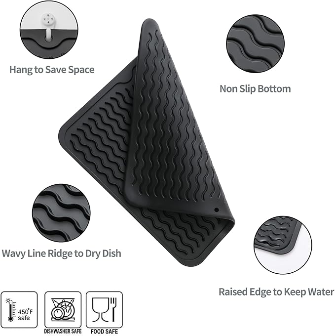 Silicone Dish Drying Mat for Multiple Usage,Easy clean,Eco-friendly,Heat-resistant Silicone Mat for Kitchen Counter or Sink,Refrigerator or Drawer liner Black M 12 inches x 12 inches - Bloomnest