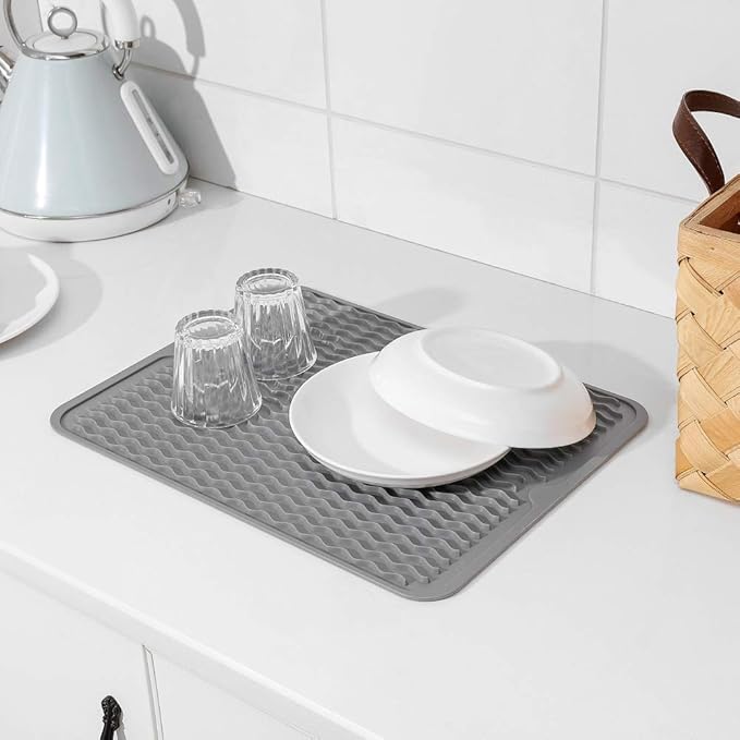 Silicone Dish Drying Mat for Multiple Usage,Easy clean,Eco-friendly,Heat-resistant Silicone Mat for Kitchen Counter or Sink,Refrigerator or drawer liner Grey L 16 inches x 12 inches - Bloomnest