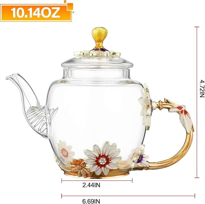 Glass Teapot -300 ml (10 oz), Flower Decoration Heat Resistant Glass Teapot Kettle with Golden Leaf Edge Color Floral Pattern Retro Teapot Tea Party Set (Pink) - Bloomnest