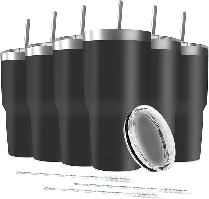 30oz Stainless Steel Travel Mug with Lid, 6 Pack Double Wall Vacuum Insulated Bulk Tumbler with 6 Straws, Powder Coated Coffee Cup Suitable for Vehicle Cup Holders(Black) - Bloomnest