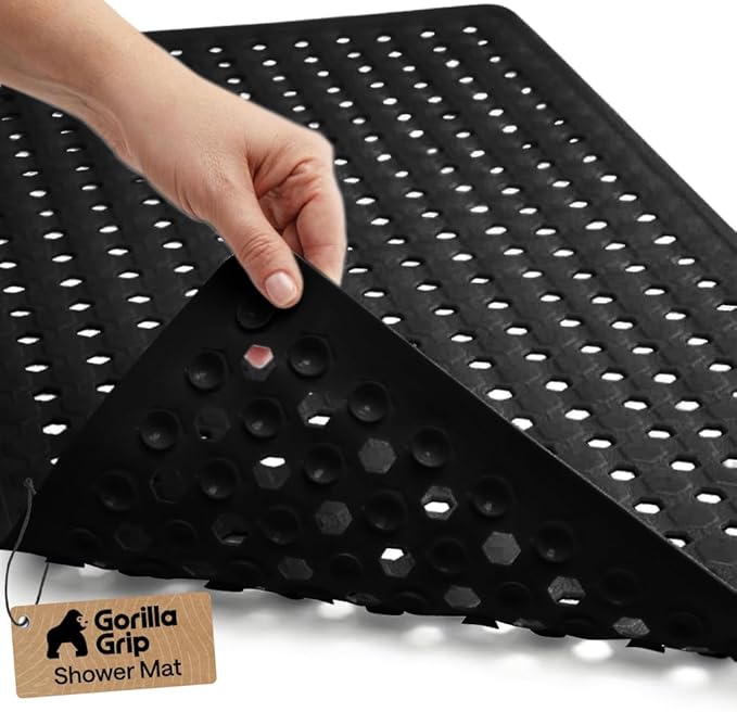GORILLA GRIP Patented Bath Tub Shower Mat, Machine Washable Bathtub Floor Liner Mats, Suction Cups and Drain Holes to Keep Tubs Clean, Soft on Feet, Bathroom Essentials, 35x16 Inch, Black - Bloomnest