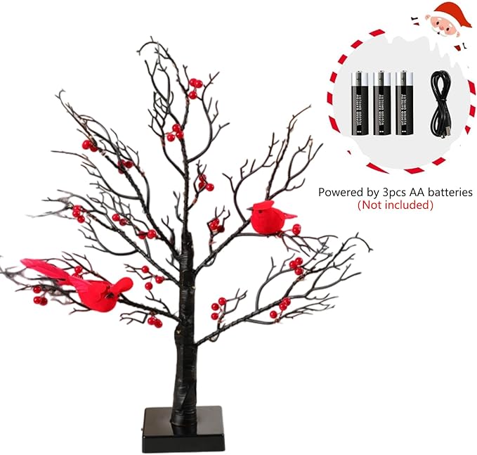 Vintage Glowing Tree with Cardinals, 21in Vintage Glowing Tree, Battery Operated Twinkle Trees Lamp with Lighted Branches, for Christmas Halloween Home Party Décor Lamp Tree - Bloomnest