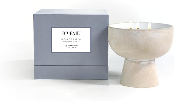 BLUEME Nostalgia - Bergamot & Musk, Luxury Candle w/Essential Oils, 3 Wick, Hand-Poured Soy, Cotton Wick, Ceramic - Bloomnest