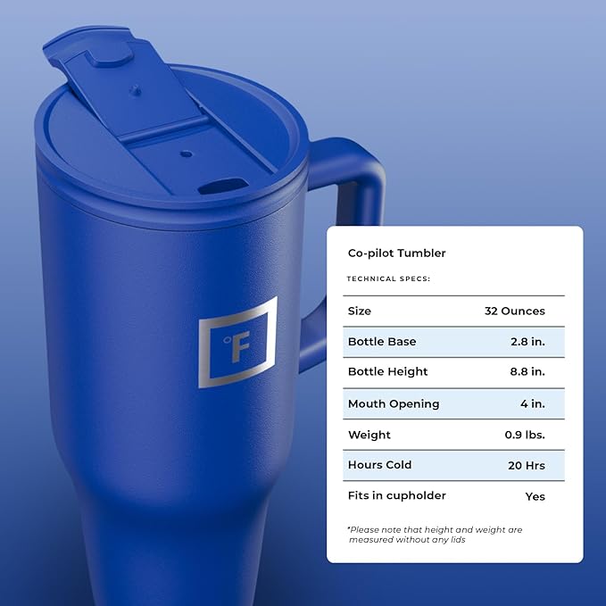 IRON °FLASK Co-Pilot Insulated Mug w/Straw & Flip Cap Lids - Cup Holder Bottle for Hot, Cold Drink - Leak-Proof - Water, Coffee Portable Travel Mug - Cobalt Blue, 32 Oz - Bloomnest