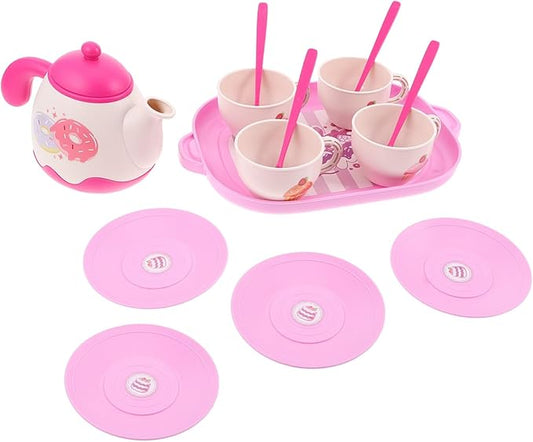 Plastic Tea Set for Pretend Play Kitchen with Teapot Plates Tray Unbreakable Food-Grade Safe for Little Party Favor and Family Interaction